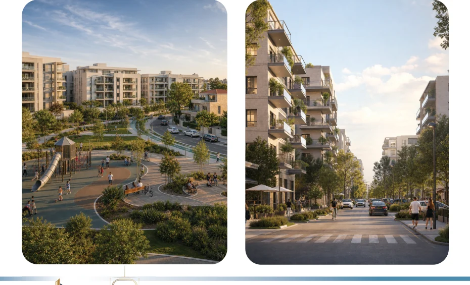הדמיה להמחשה של סביבת מגורים עירונית בפרויקט